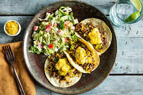 Tortillas mit Rinderhack und Mangosalsa dazu Romana-Tomaten-Salat