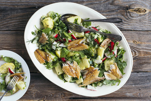 Kartoffelsalat mit Makrele dazu Rucola und Radieschen