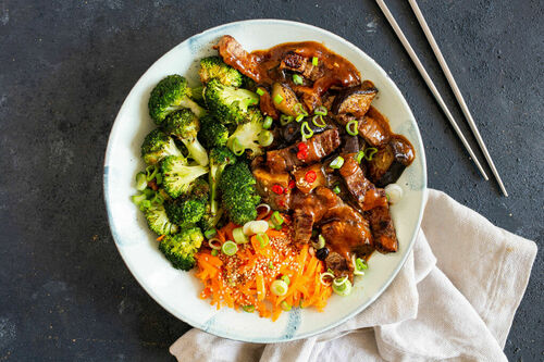 Koreanische Rindfleischpfanne Low Carb mit Auberginen und Brokkoli