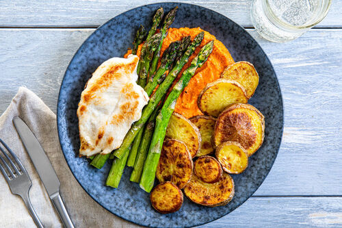 Hähnchenbrustfilet und grüner Spargel mit Kartoffeln und Romescosauce