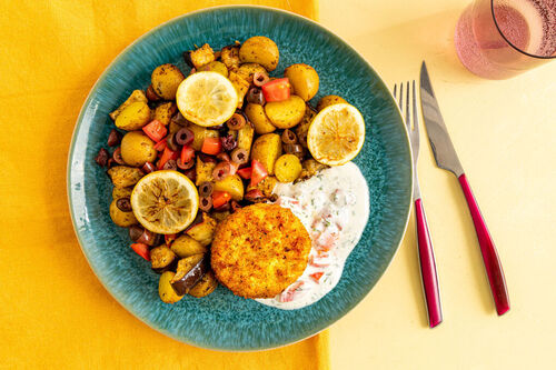 Lachsfrikadellen mit Ofengemüse griechische Art mit Oliven und Dillsauce