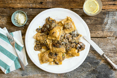 Ricotta-Girasole mit Champignons in buttriger Miso-Lauch-Sauce