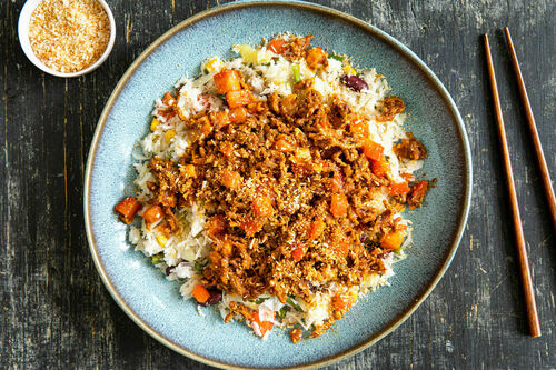 RS Jamaikanisches Hackfleischcurry auf Basmatireis mit Bohnen-Gemüse-Mix