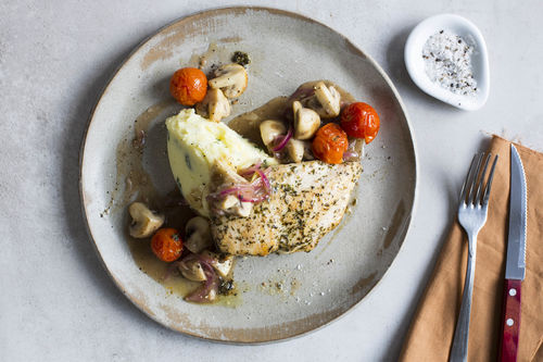 Hähnchen mit Balsamico-Pilzen und Kartoffelstampf