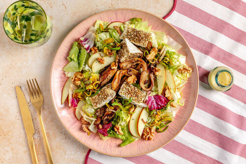 Brie mit Za’atar-Kruste und Apfel auf buntem Salat mit Austernpilzen