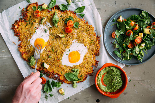 Kartoffelrösti mit Eiern und Avocado-Tomaten-Salat