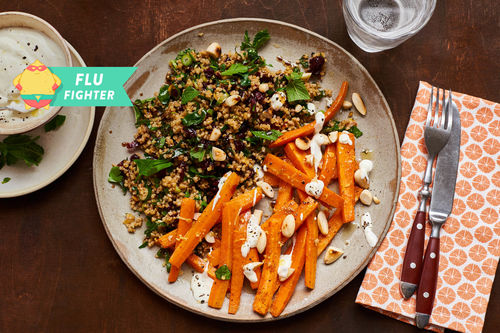 Bulgursalat mit Cranberries und pikanten Ofenkarotten