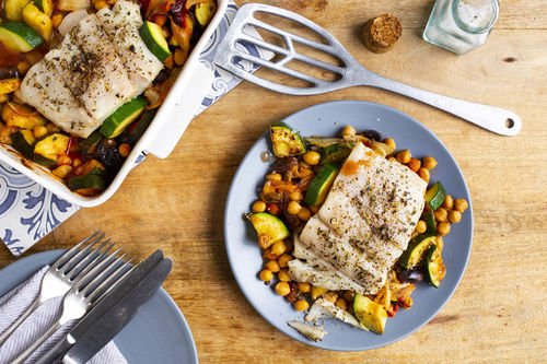 Provenzalischer Seelachs auf Gemüse-Kichererbsen-Cassoulet