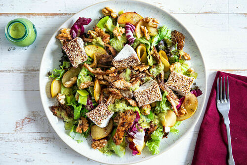 RS Brie mit Za’atar-Kruste und Apfel auf buntem Salat mit Austernpilzen