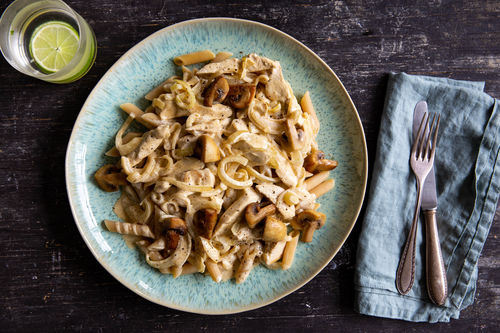 Hähnchengeschnetzeltes mit Rahmchampignons und Pasta