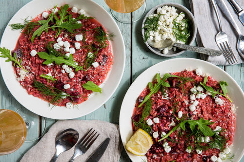 Rote Beete Risotto mit Ziegenkäse und Rucola