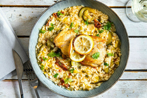 V3: Zitronen-Garnelen auf Risotto mit Zucchini und getrockneten Tomaten