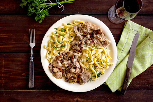 Feines Rindergeschnetzeltes mit Champignons und Spätzle