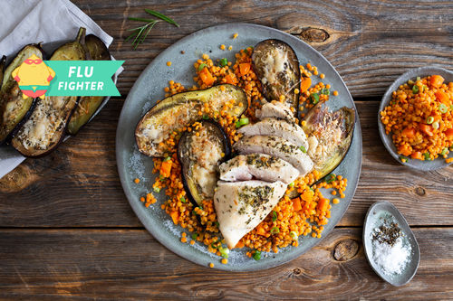 Rosmarinhuhn auf Linsengemüse mit gratinierten Auberginen