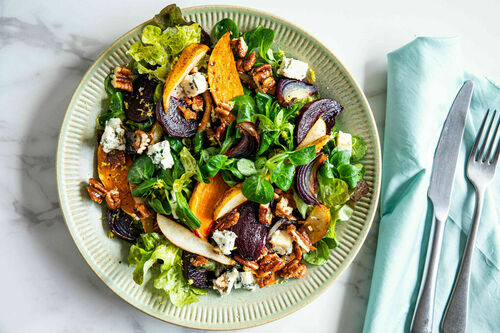 Ofengemüse mit Blauschimmelkäse fruchtig-fein mit Birne und Pekannüssen