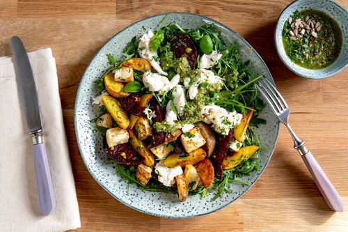 Mozzarella auf buntem Salat mit Gemüse und Sonnenblumenkernpesto