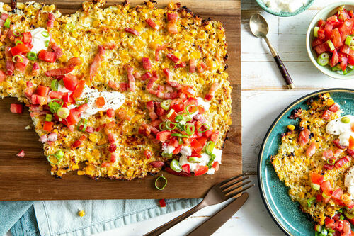 Blumenkohl-Speck-Rösti mit Tomatensalsa und Dip