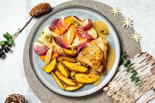 Special: Hähnchen an Fenchelgemüse mit Orange und gebackenen Kartoffeln