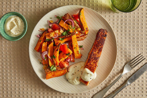 Saftiges Tandoori-Lachsfilet auf warmem Süßkartoffelsalat mit Koriander