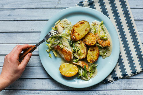 V1: Hähnchenmedaillons in Rahmsauce mit Lauch, dazu geröstete Kartoffeln