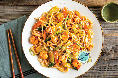 Special <650kcal: Koreanische Nudelpfanne mit Garnelen und Gemüse