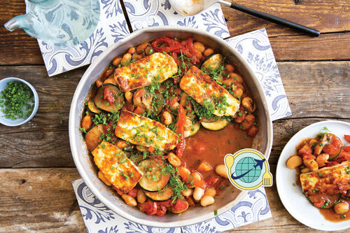 Special: Ofen-Grillkäse Shakshuka-Art mit Paprika, Bohnen und Zucchini