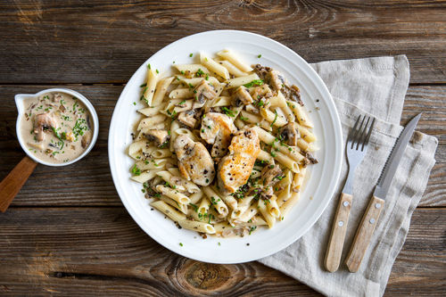 Hähnchen-Scaloppine mit Penne und Champignon-Steinpilz-Sahnesauce