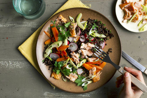 Feiner Linsensalat mit Lachs und karamellisierten Honig-Karotten