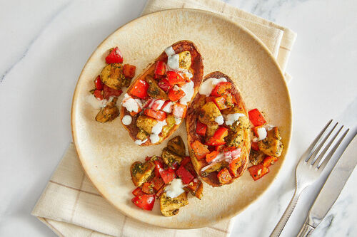 Ofen-Süßkartoffeln mit Fetasauce dazu eine leckere Paprika-Pilz-Pfanne