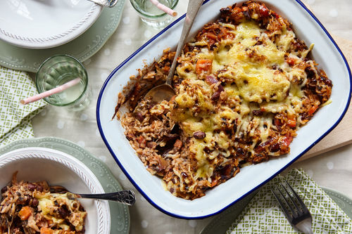 Rauchiger Reisauflauf mit schwarzen Bohnen