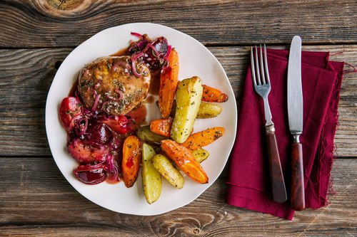 Schweinesteak mit Pflaumen und gerösteten Rosmarinkartoffeln
