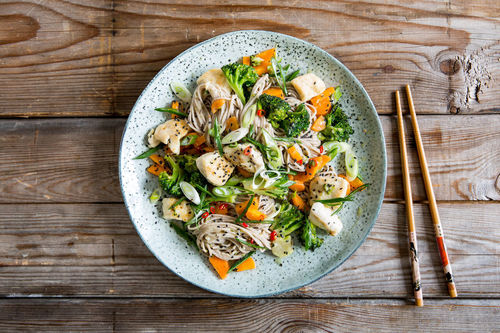 Honig-Sesam-Hähnchen mit würzigen Sobanudeln und Brokkoli