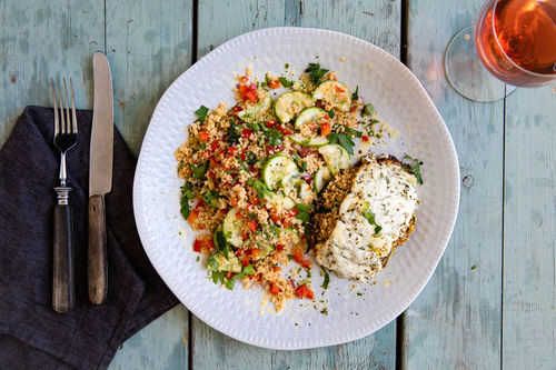 Gefüllte Portobello-Pilze mit Estragon-Ziegenkäse und Couscous