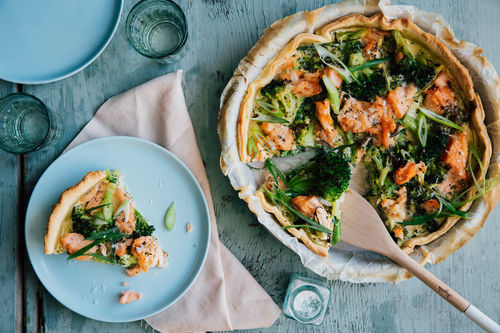 Feine Räucherlachs-Quiche mit Brokkoli und Crème fraîche