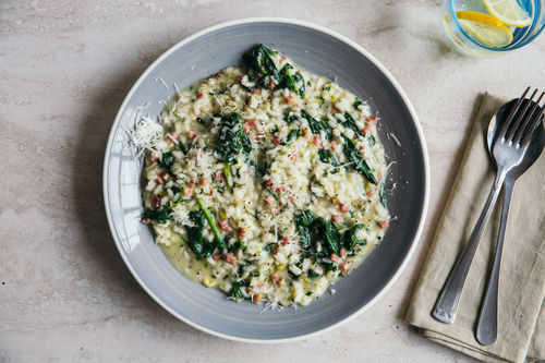 Risotto mit Taleggio und Speck mit Lauch und Babyspinat