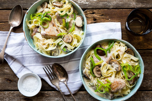 Tagliatelle mit Schweinefilet in cremiger Champignon-Lauch-Sauce
