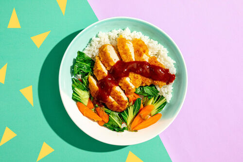 Veggieschnitzel Tonkatsu-Art mit Pak Choi und Sushireis