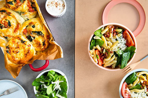 2in1: Pizzaschnecken mit Bacon & Pasta-Salat mit Bacon und Spinat