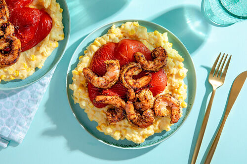 Jerk-Hähnchen auf Kartoffel-Käse-Stampf mit Mais und gegrillter Paprika