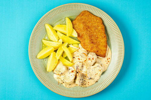 RS Veggie-Schnitzel nach Jägerart mit Kartoffeln und Rahmpilzen