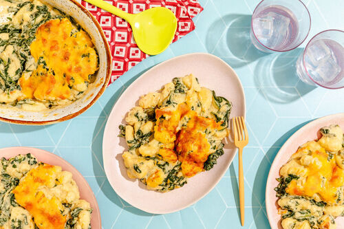 RS Cremiger Hähnchen-Spinat-Auflauf mit Gnocchi und Blumenkohl-Käse-Sauce