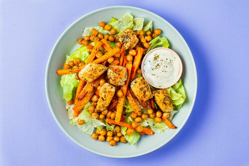 Za’atar-Hähnchen aus dem Ofen mit Karotten und knusprigen Kichererbsen