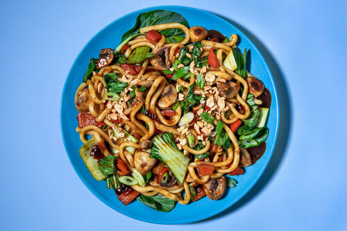 Udon-Nudelpfanne mit buntem Gemüse und knackigen Erdnüssen