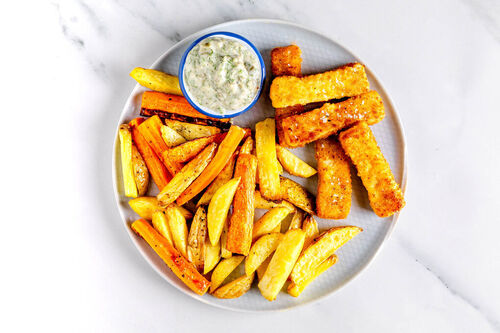 RS Vegane Fischstäbchen mit Dill-Dip und geröstetem Ofengemüse