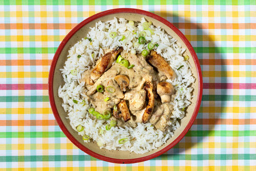 Hähnchenfilet in cremiger Champignon-Sauce serviert auf Reis mit Lauch