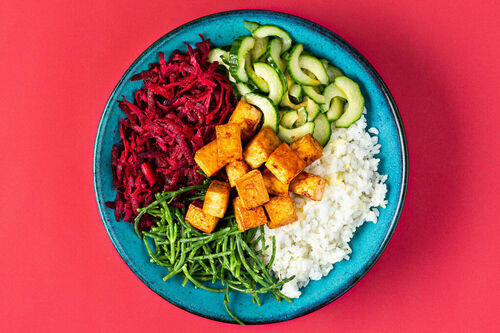 Frische Reisbowl mit Tofu und Queller dazu lila Karotten und Gurkensalat