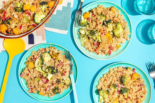 RS Reisauflauf thailändische Art mit Speckwürfeln, Brokkoli und Ananas