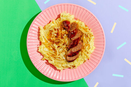 Veggie-Chorizo auf irischem Gemüsestampf mit Kartoffeln, Weißkohl und Knollensellerie