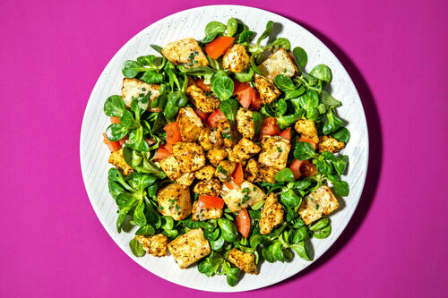 Gebackener Knollensellerie und Tofu auf Feldsalat mit Schalottendressing