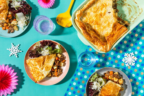 OP RS Deftige Rindergulasch-Pastete dazu Salat mit Birne und Knollensellerie